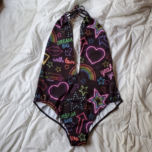 Jaded London Neon Sign Print Plunge Swimsuit - Picture 4 of 6